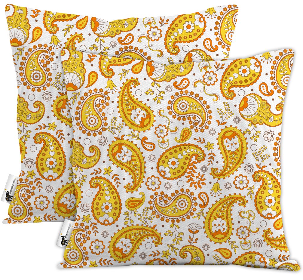 Orange Boho Paisley Outdoor Throw Pillows - Set of 2 - Pumpkin Paisley Patio Pillows | UBU Republic (20"X20")