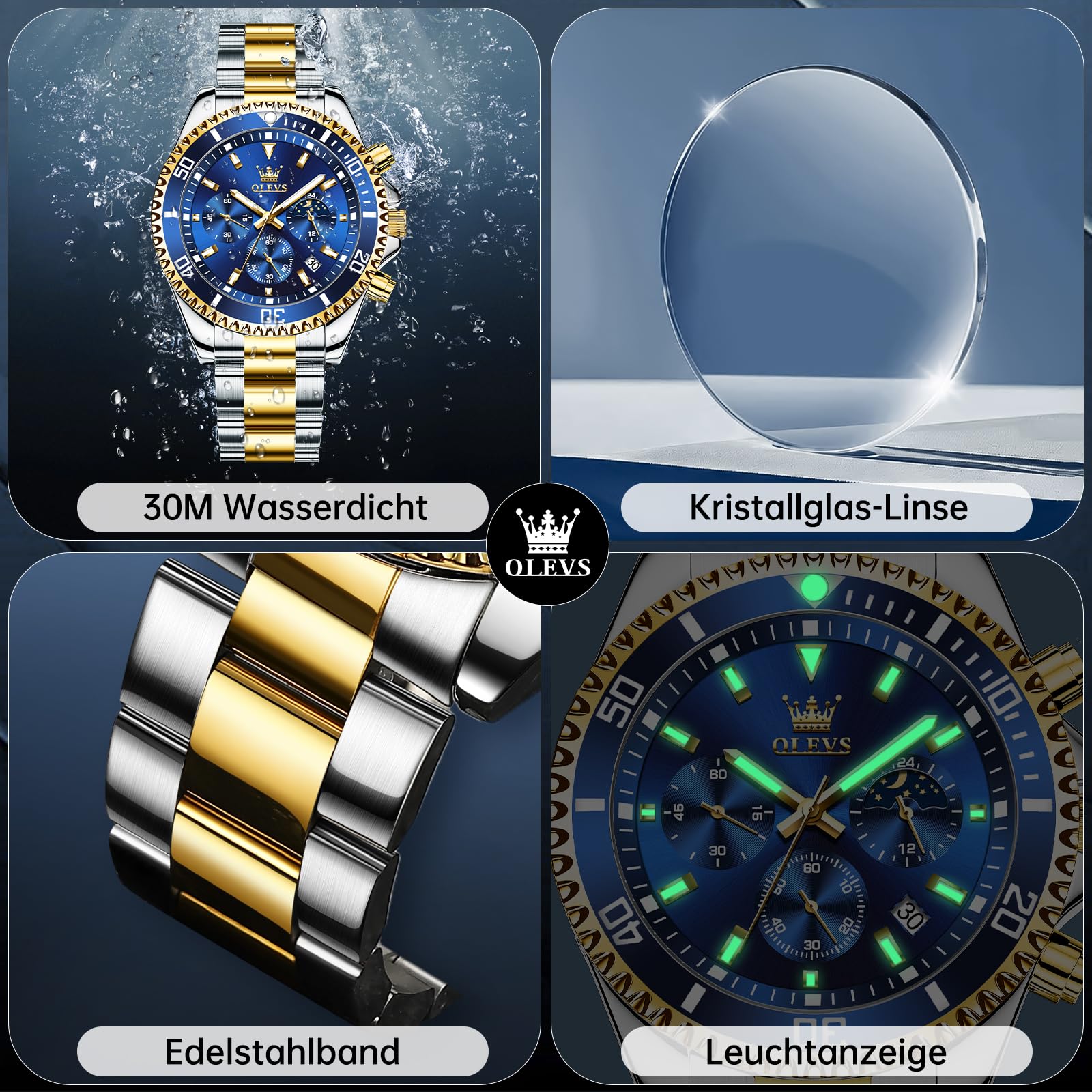 OLEVS Relojes para Hombre, Agua Analógico Cuarzo Resistente para Hombre, Moda Diamantes Luminoso Acero Inoxidable, Fase Lunar Números Romanos Cara Grande