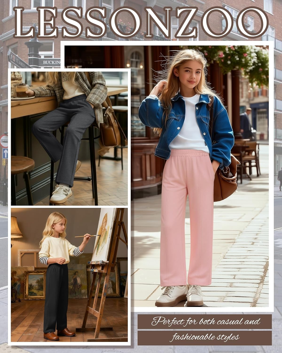 3 Pack Girls Sweatpants Teen Front Seam Straight Leg Pants Kids Open Bottom Wide Leg Loose Joggers with Pockets - Image 2