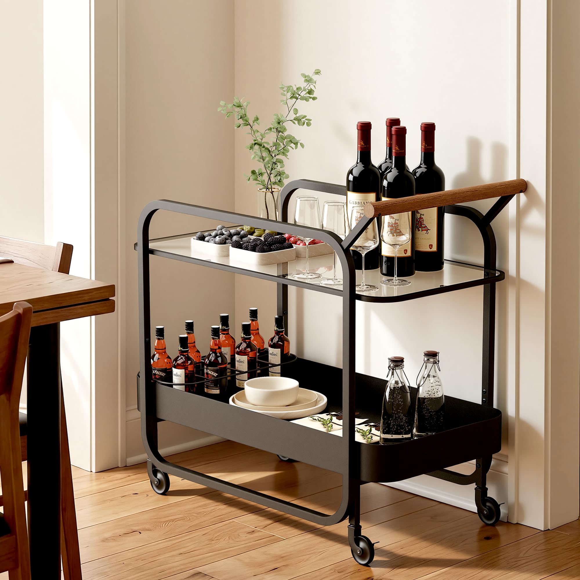 Chariot de Bar 2 Niveaux, Table Roulante pour Boissons avec Plateau en Verre Trempé et Porte-Bouteilles, Bar Roulant avec Roues Freinables, Chariot de Rangement pour Cuisine, Salon, Noir