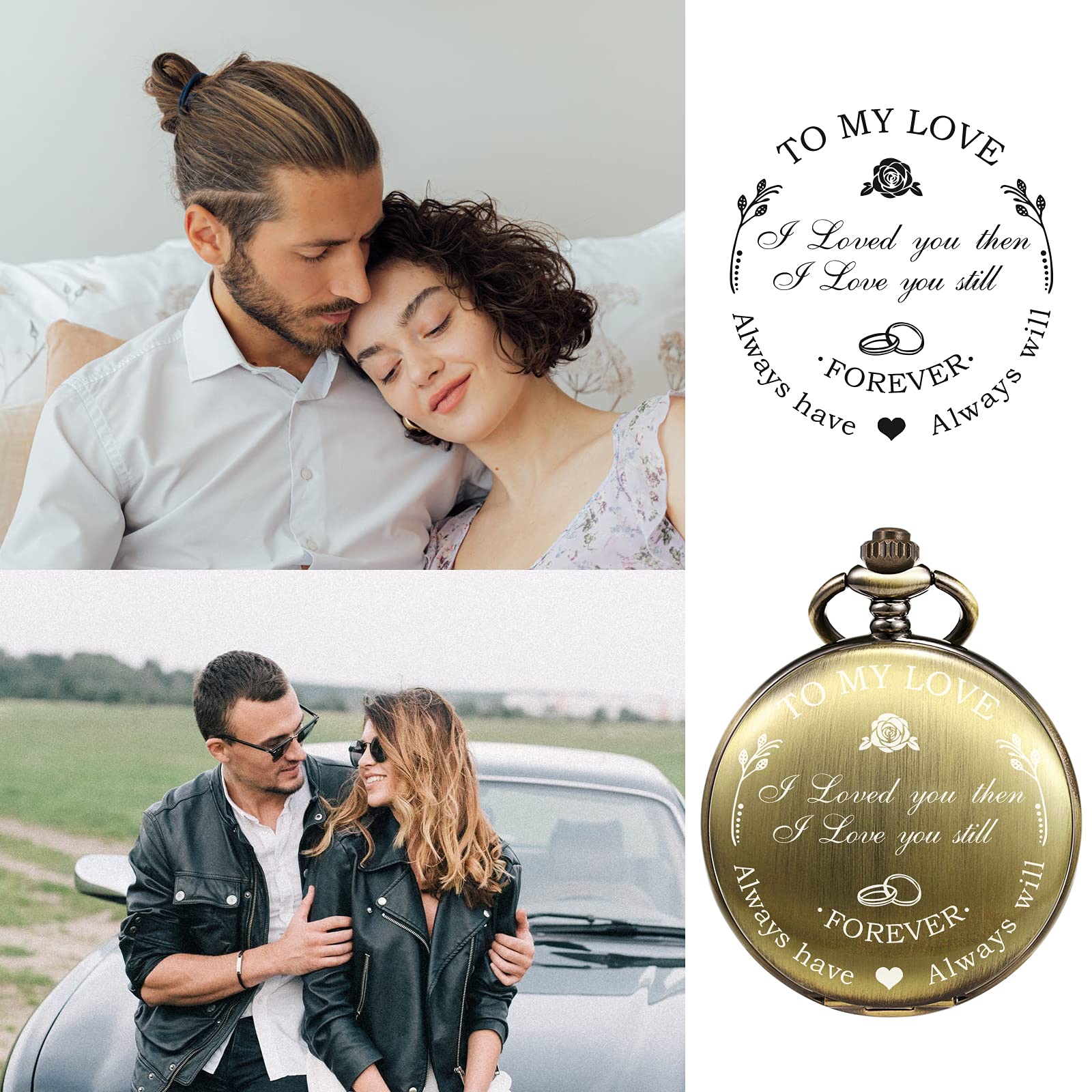 TREEWETO Mens Womens Quartz Bronze Pocket Watch Engraved Engraving Customized with Chain Gift Box Wedding Gift for Groomsman Bestman Husband Dad Love