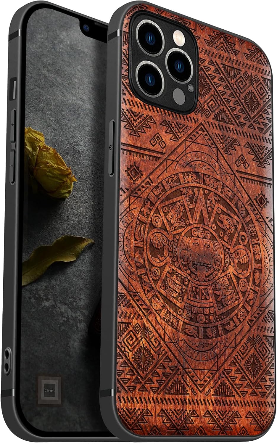 Carveit Magnetic Wood Case for iPhone 12 Pro Max Case [Natural Wood & Black Soft TPU] Shockproof Protective Unique Wooden Cover Compatible with MagSafe (Aztec Calendar -Rosy)