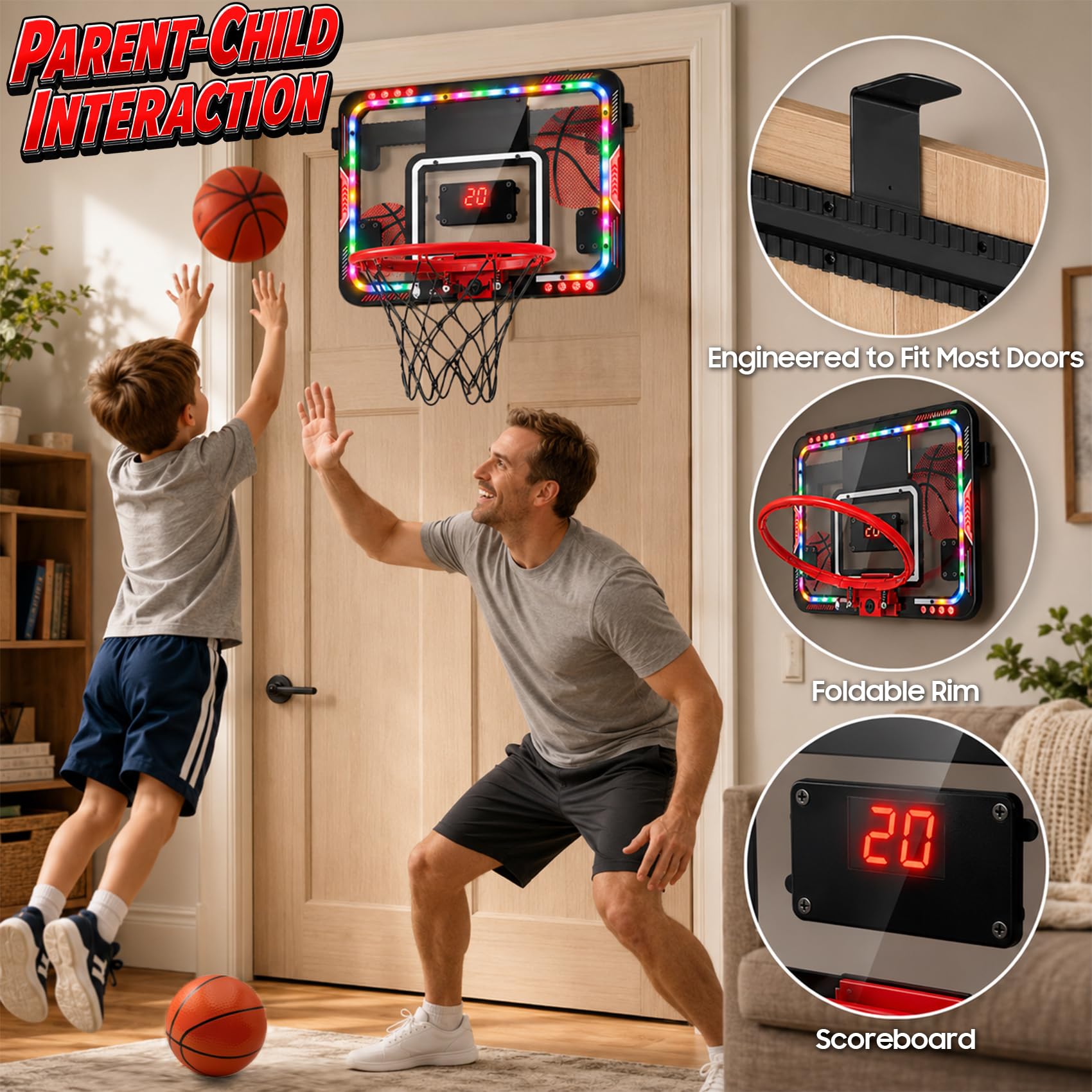 VATOS Canestro da Basket Mobile Interno per Bambini, Canestro da Basket da Porta con Luci Led/Tabellone Segnapunti/Palline, Giocattolo Basket Telecomandato, Regalo Divertente per Maschi