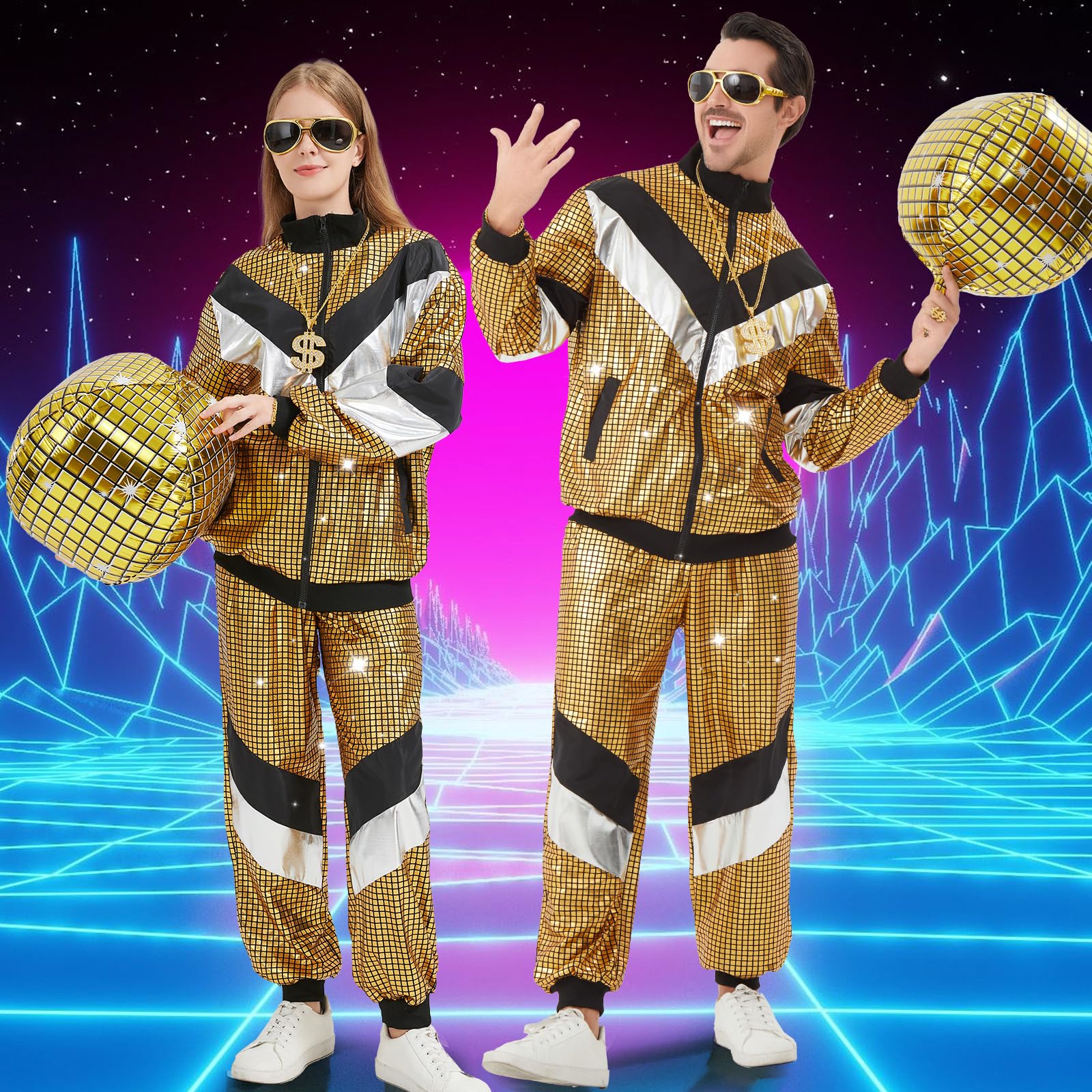 Ezuwail Costume disco pour homme et femme – Tenue rétro des années 70, 80 et 90 – Survêtement de fête disco pour couple – Tenue d'Halloween
