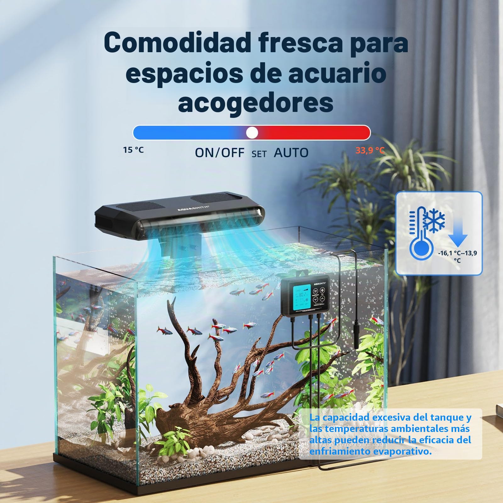 AQUASMITH Ventilador Enfriador de Acuario, Enfriador de pecera con Control de Temperatura, Ajuste mínimo de 15.0 °C, Arranque y Parada automática, Efecto de refrigeración de -14.8 a 12.8 °C, 3 Modos