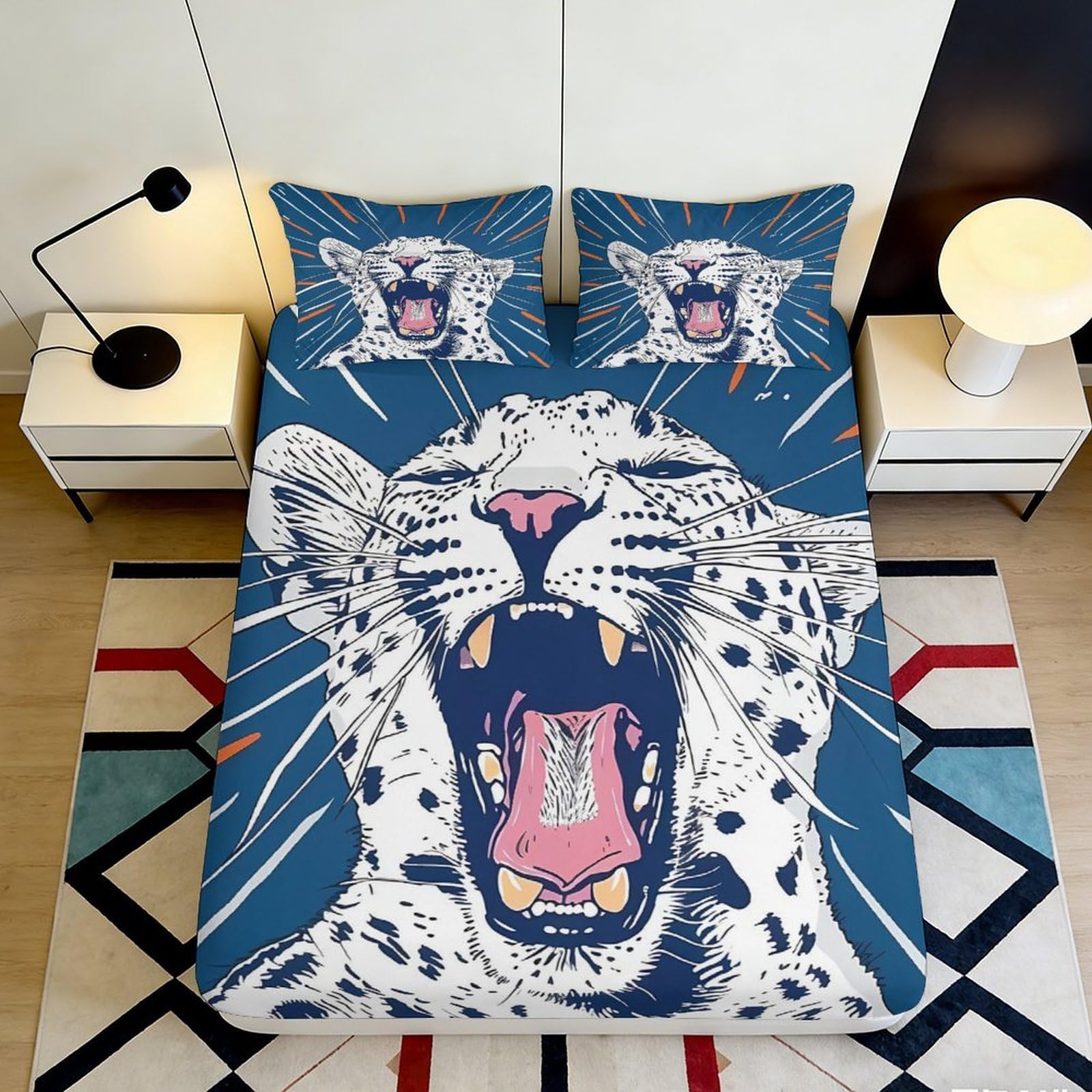 3D Printed Roaring Leopard Fitted Sheet Microfiber Durable Breathable Blue Bed Cover for Bedroom Dormitory Guest Room Mattress Protection 120x200x25cm