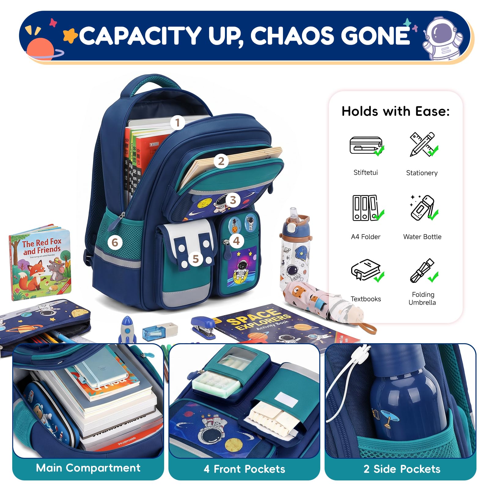 Amythe Sac à Dos Enfant Garçon 8-12 Ans – Cartable École Primaire CE1-CM2, Ergonomique Léger avec Bandes Réfléchissantes, Compartiment A4, Oxford Imperméable pour la Rentrée, Vert