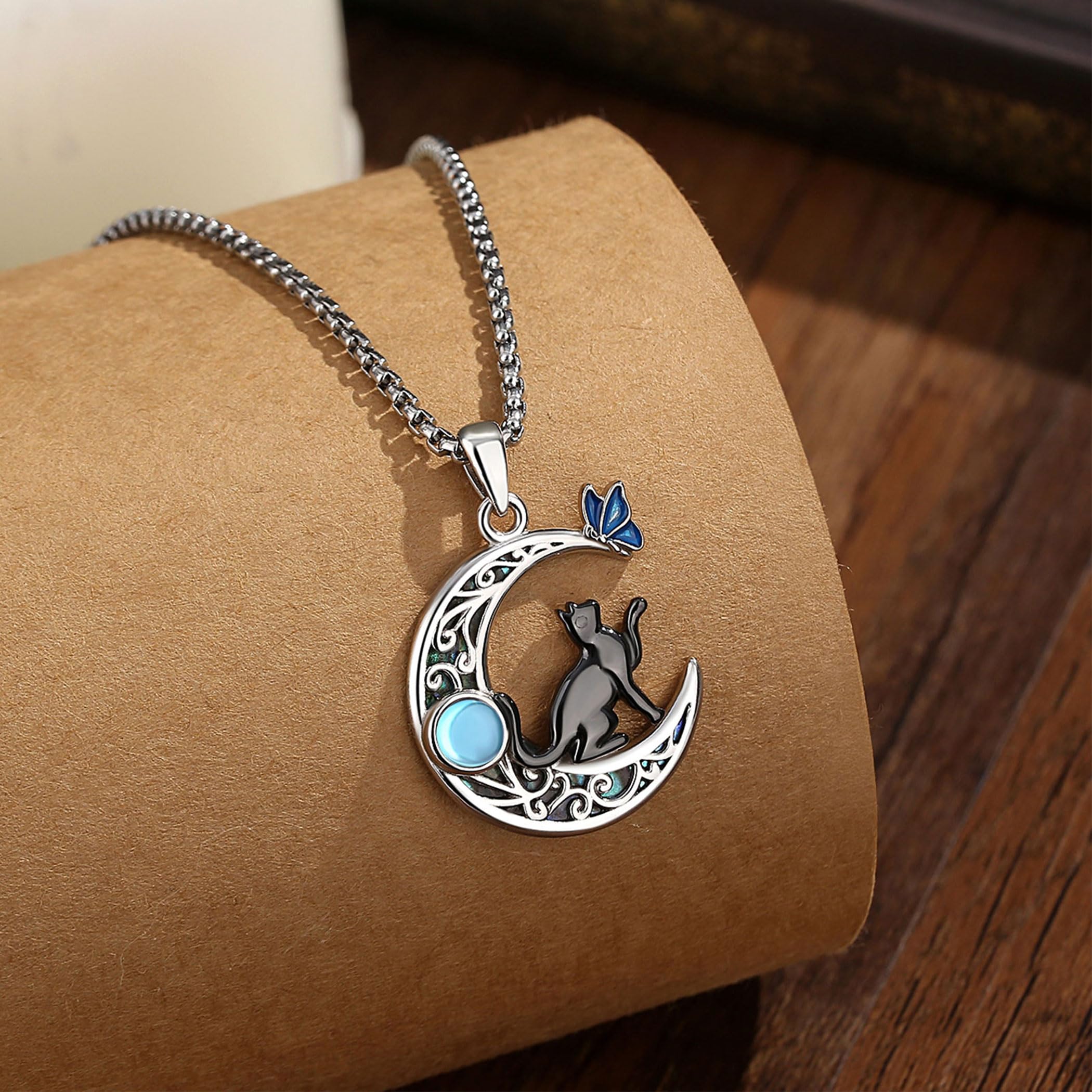 AEONSLOVE Collar Gato y Luna para Mujer Niña Colgante Piedra de Luna Plata de Ley 925, Collares Sol y Luna Joyas de Gato Negro Bruja Regalo para los Amantes de los Gatos