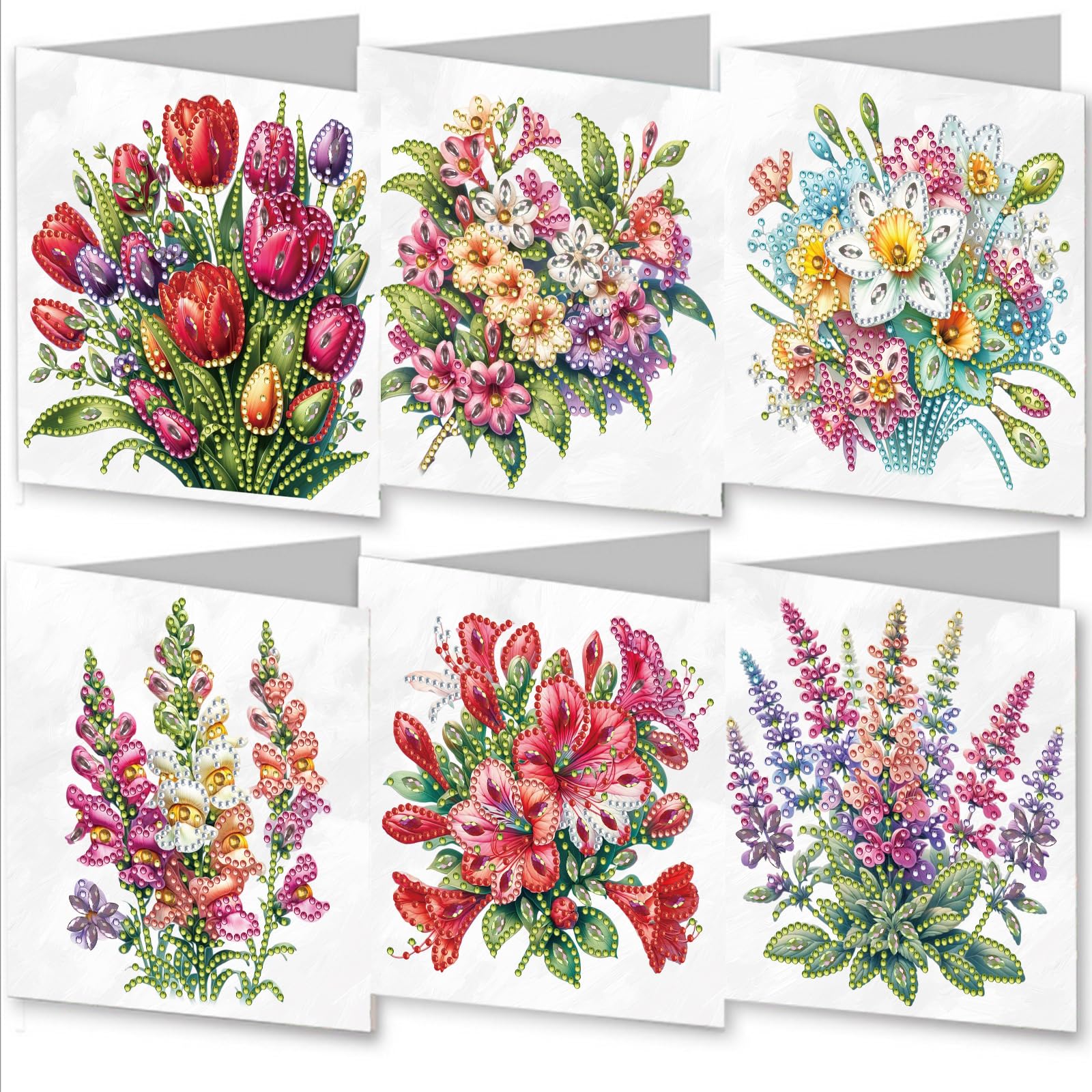 AYUCHYN ART 6 Pack Mixed Greeting Cards Colorful Bouquet | 5D DIY Diamond Painting Crystal Art Cards Making Kit with Envelopes & Full Tools | Xmas Cards Gift Postcards for Handmade 30×15cm (Bouquet)