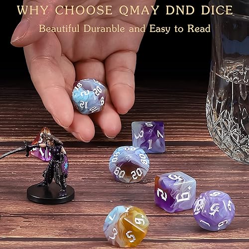 Miniatura 7 de QMAY DND Juego de Dados - Dados Poliédricos D&D (7 piezas) para Dungeons and Dragons (Azul Agua y Morado)