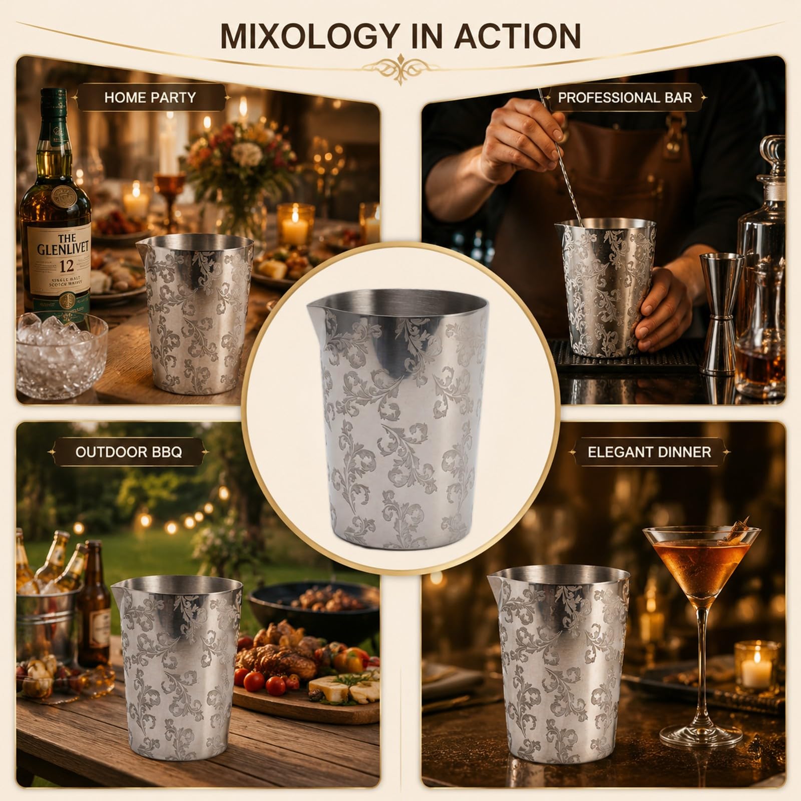 Mixing Glass in Acciaio Inox 304 per Cocktail, Bicchiere da Bar Inciso e Termoisolante, 244g - Mantiene la Temperatura, Resistente alla Ruggine, Ideale per Barman e Appassionati