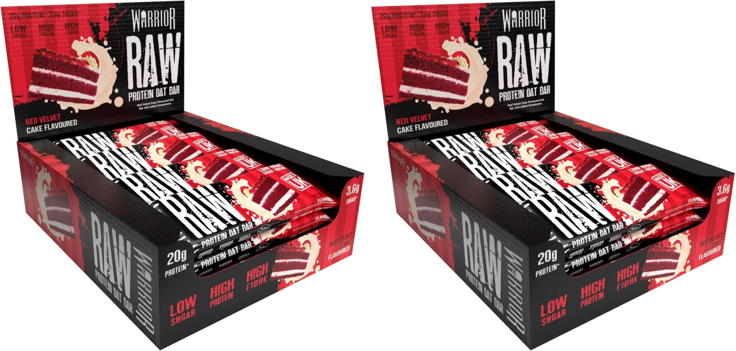 Warrior Raw Protein Bars – 12 x 75g High Protein Snack – High Fibre, Low Sugar – Ideal Meal Replacement or Healthy Nutrition Energy Snacks - Oat Bar Flapjacks – UK Made (Red Velvet Cake) (Pack of 2)