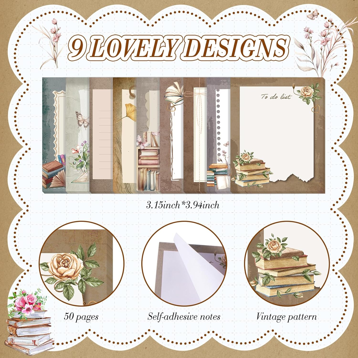 Sabary 9 Pads Cute Sticky Notes Animal Sticky Note Pads 3.15 x 3.94 Inches Colored Adhesive Memo Reminder Decor for Journal School Office Gifts(Book Lover)