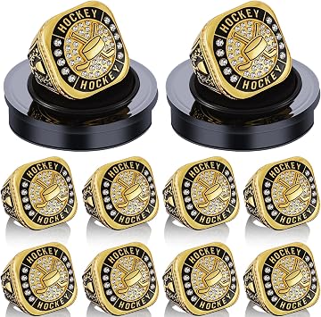 Highergo 10 Pcs Hockey Basketball Baseball MVP Dancer Champion Trophy Ring with Display Stand Star Football Soccer Volleyball Golf Softball Cheerleading Bowling Track Field