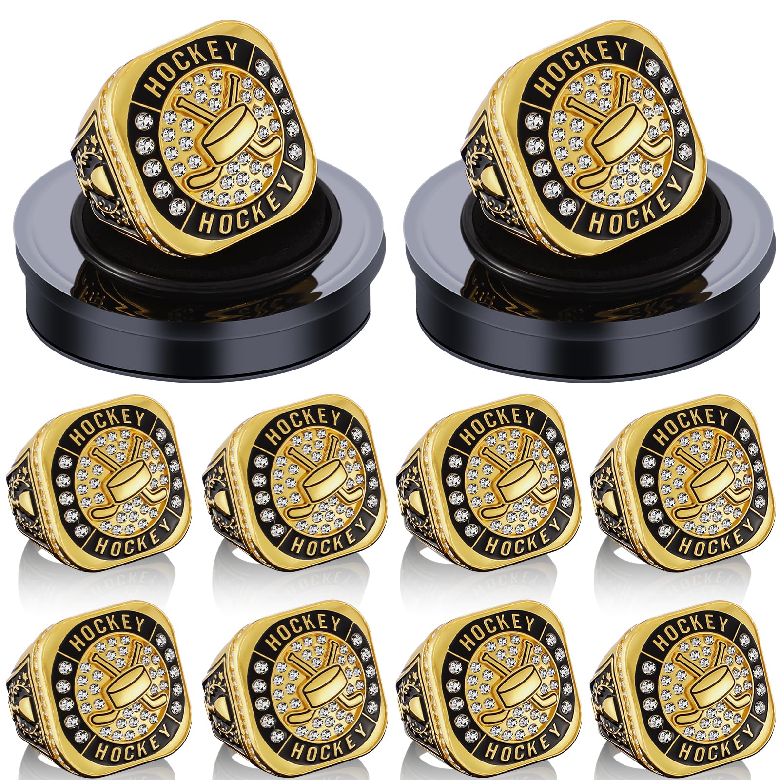 Highergo Juego de 10 anillos de trofeo de fútbol, voleibol, béisbol, MVP, campeonato de golf, con soporte de cadena de exhibición, sóftbol, baloncesto, animadoras, bolos, pista de campo para regalo de
