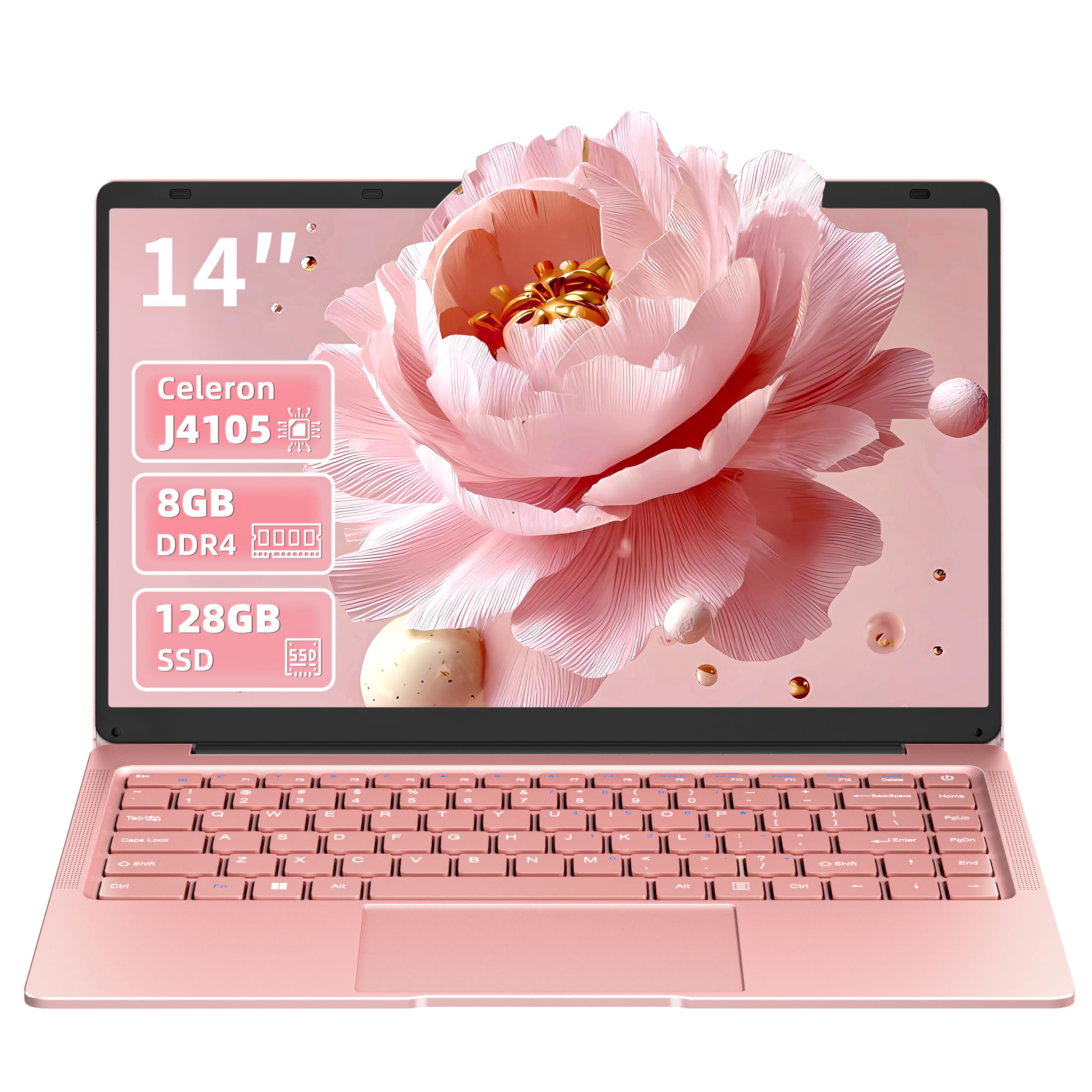 14 Zoll Laptop, 8GB RAM, 128GB SSD, Celeron J4105 bis zu 2,5 GHz | FHD Display, Webcam, WiFi, USB 3.0 x2, Mini-HDMI, ultradünnes Notebook für Anfänger und Studenten, inkl. DE Tastaturabdeckung