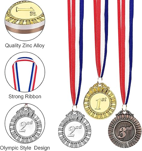Miniatura 2 de 12 medallas de metal ganadoras de oro y bronce con cinta de cuello roja, blanca y azul, estilo olímpico, 2 pulgadas