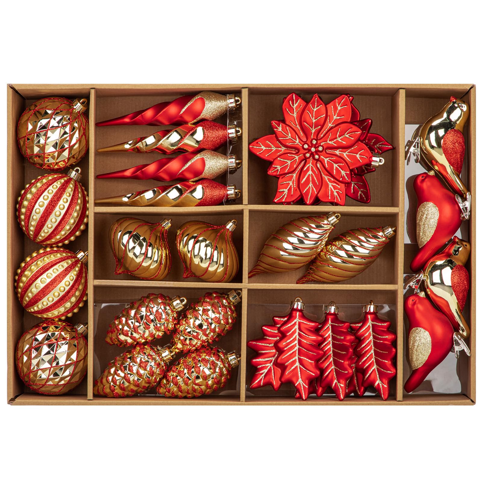Briful 30ct Christmas Ornaments Set Christmas Tree Ornaments Decorations, Red Gold Assorted Flowers Leaf Birds Icicle Pine Cone Christmas Ball Baubles for Xmas Birthday Winter Holiday Wedding