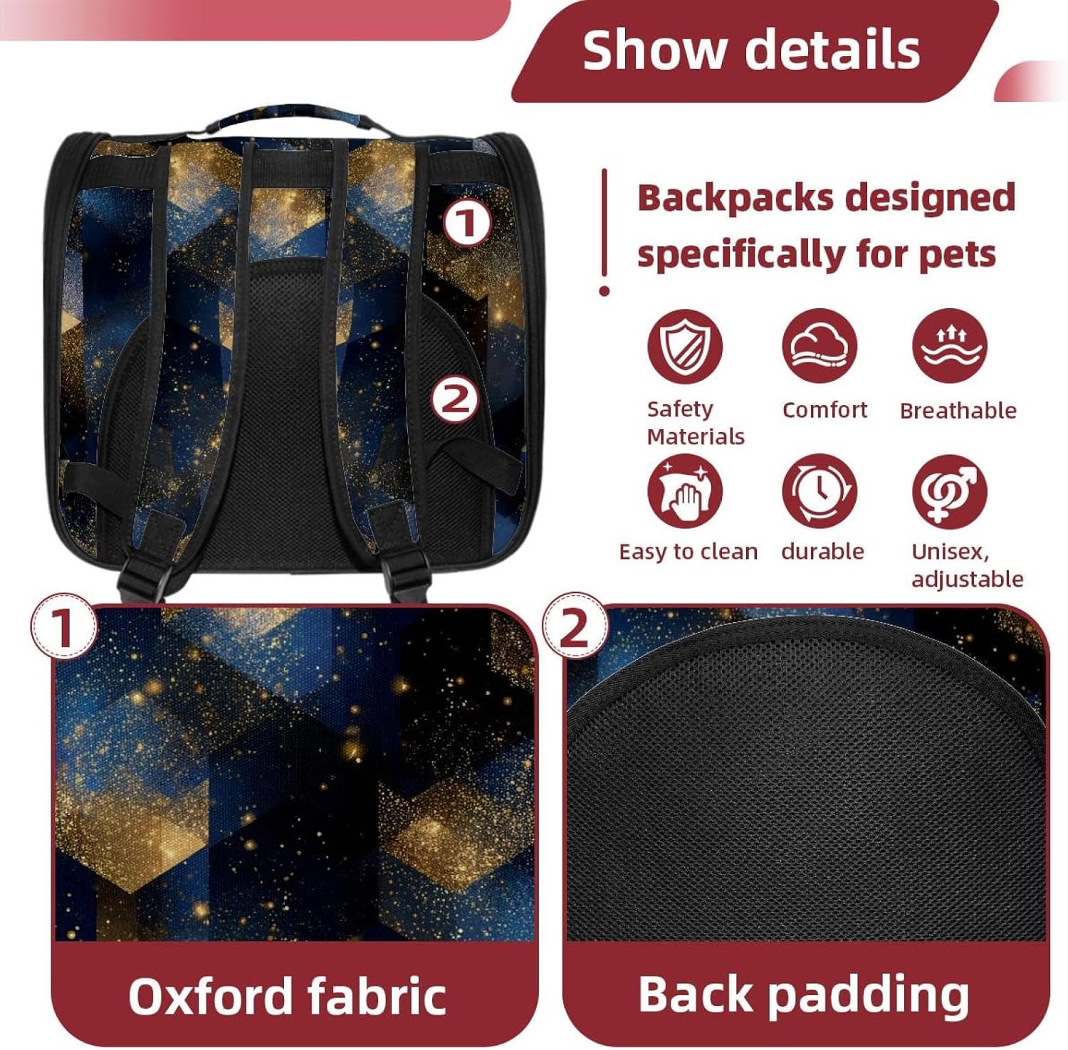 Cat Backpack Carrier for Small Dogs Cats, Soft-Sided Pet Carrier Backpack with Ventilated Mesh Windows and Safety Leash, Abstract Gold Stars Navy Blue Pattern