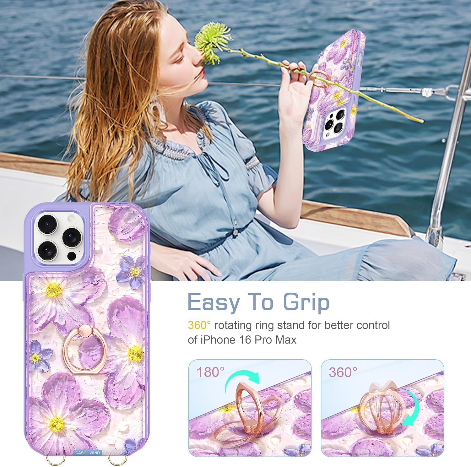 Crossbody Wallet Case for iPhone 16 Pro Max with Card Holder, Screen Camera Protector RFID Blocking PU Leather 3D Flower Print Phone Purse with Kickstand Wrist Strap Lanyard for Women, Purple