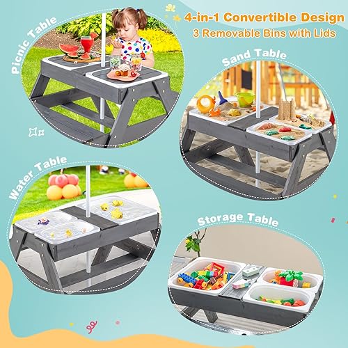 Vista 11 de Costzon Mesa de picnic para niños con cubos sensoriales, mesa de arena y agua 4 en 1 con paraguas de altura ajustable, mesa extraíble para jugar al
