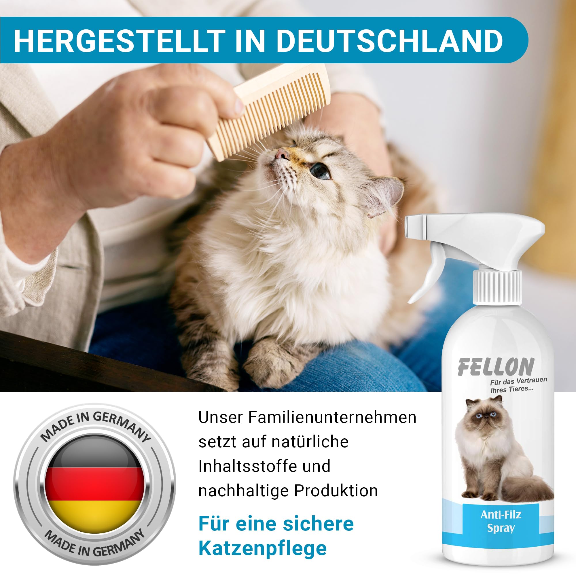 Fellon Spray anti-feutre pour chats - Spray démêlant 500 ml - pH neutre - Soin du pelage pour une brillance soyeuse et facile à démêler - Pour toutes les races de chats et les personnes allergiques