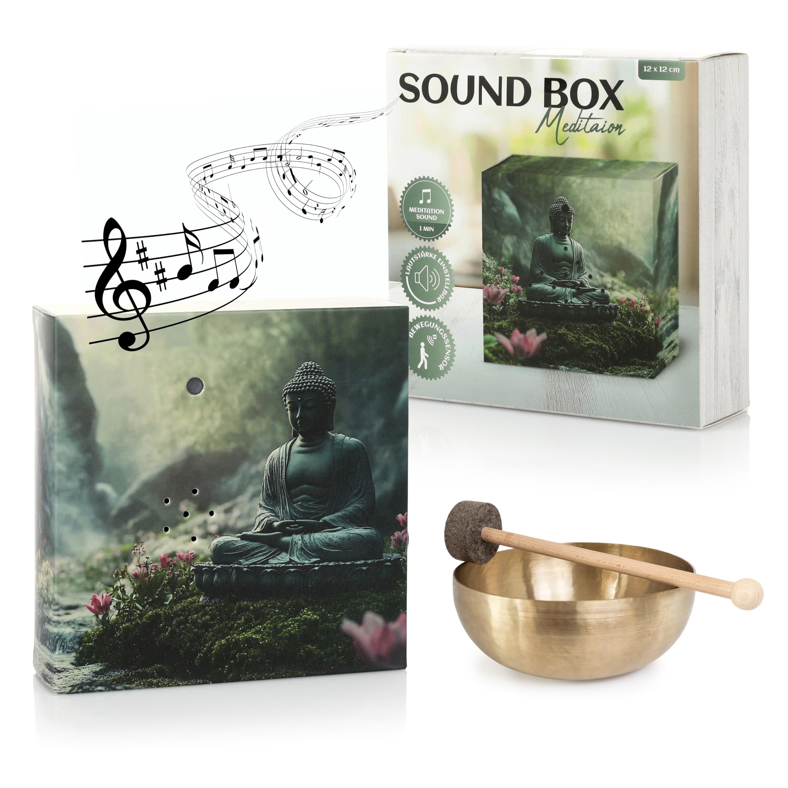 Nordstern Caja de sonido con sonidos meditativos para relajación y tranquilidad, caja de música con sensor de movimiento y control de volumen, 12 x 12 cm