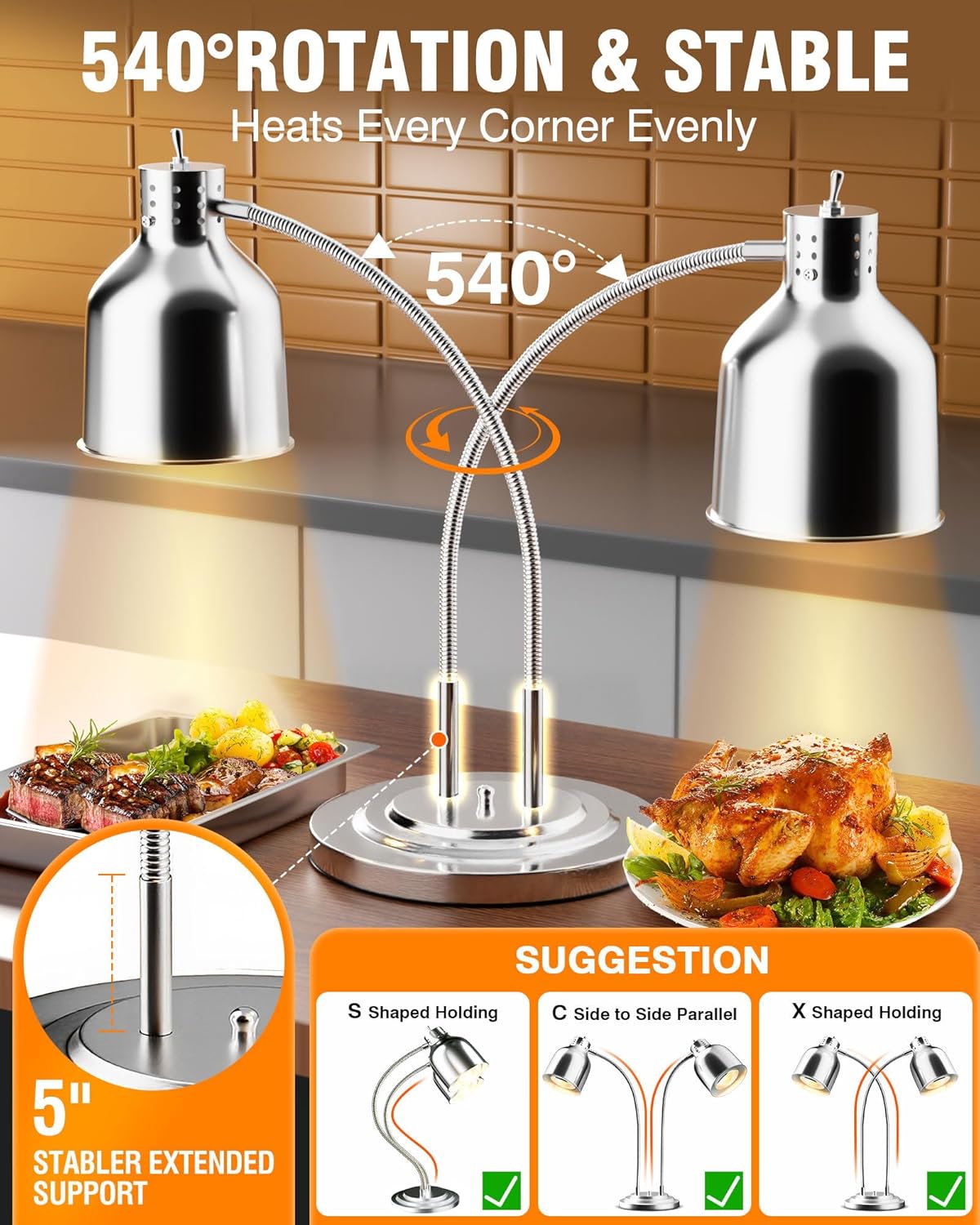 PYY Food Warming Lamp demonstrating 540 degree rotation and stable base