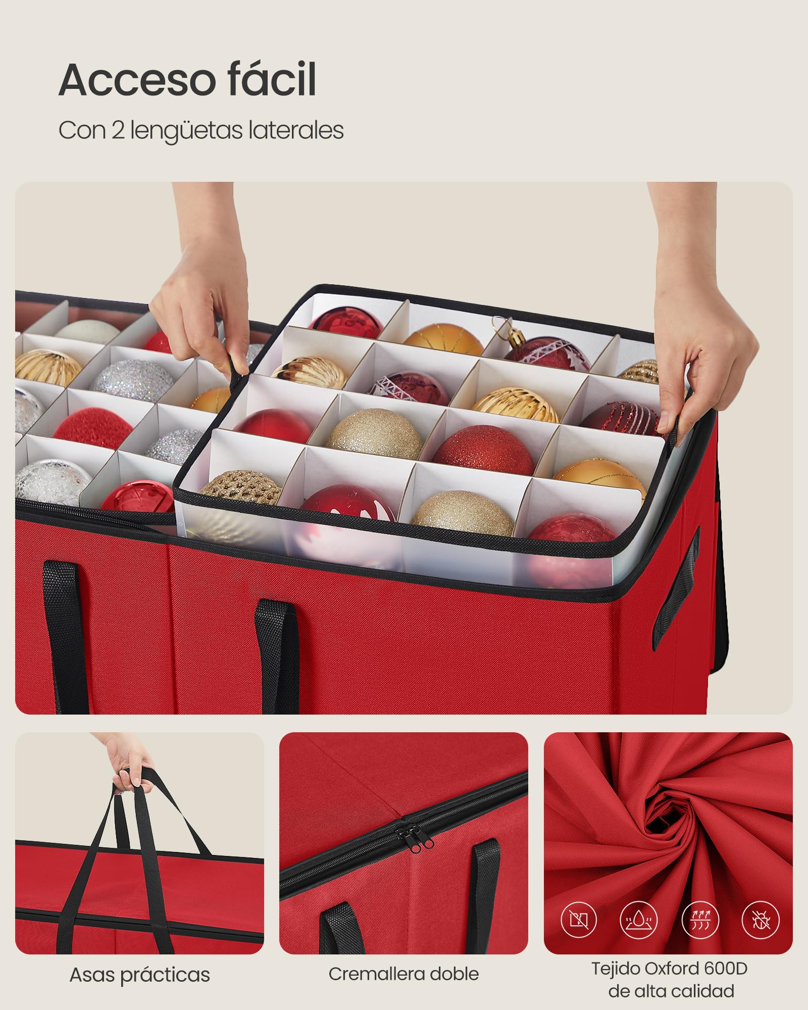 SONGMICS Caja Almacenaje para Bolas de Navidad y Decoraciones Navideñas, Juego de 2, con Tapa y Doble Cremallera, 16 Bandejas, Tela Oxford 600D, 256 Compartimentos de 7,6 cm, Rojo Cereza RFB043R01