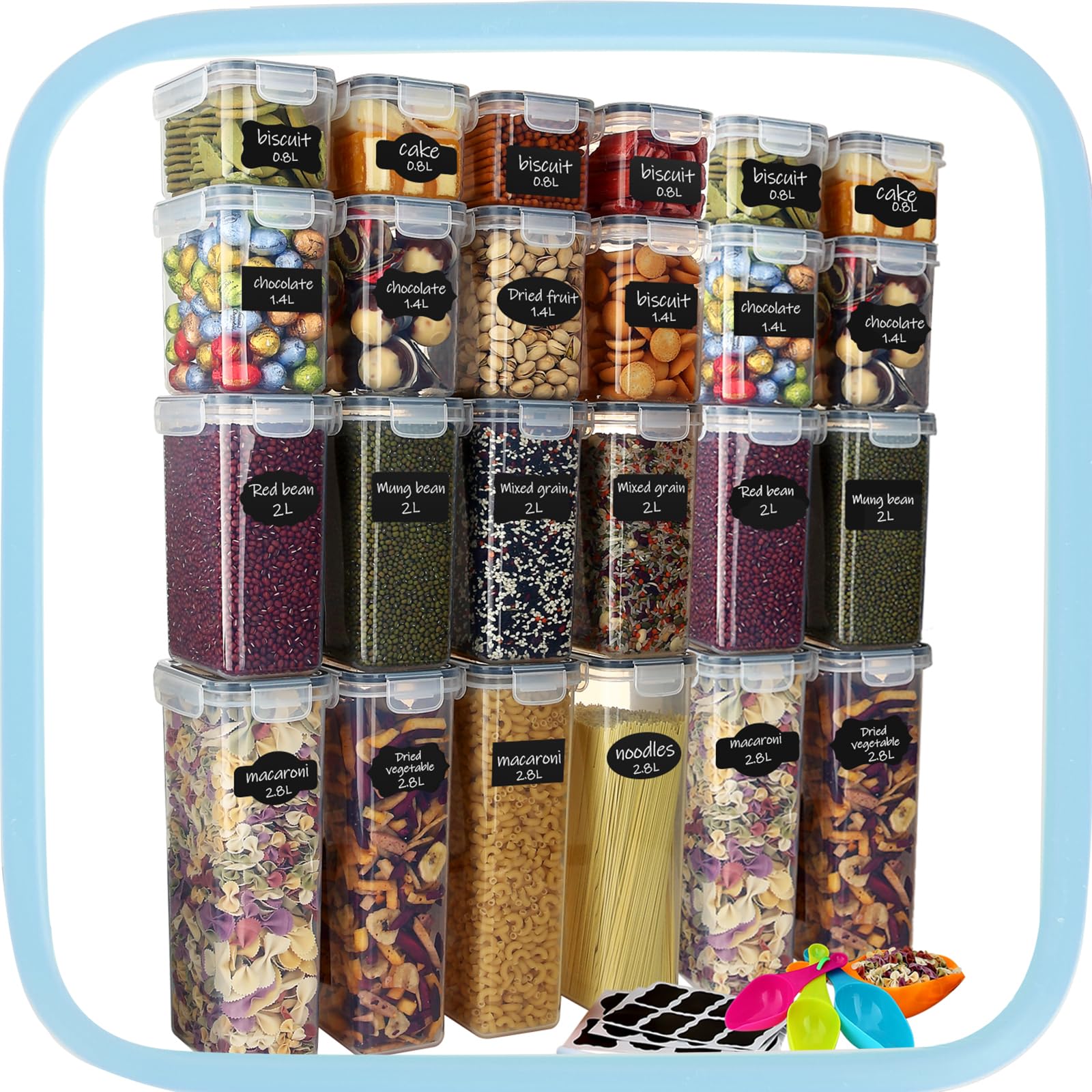Contenedores de alimentos de 42 L con tapas herméticas, juego de organizadores de cocina, sin BPA, transparente, 24 piezas