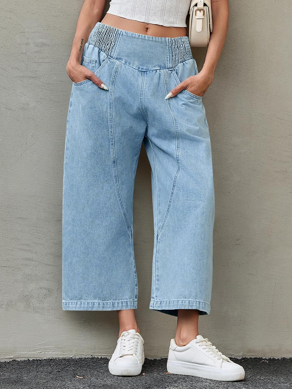 Cicy Bell Womens Wide Leg Cropped Jeans Baggy Boyfriend Smocked Mid Rise Harem Denim Pants - Image 5