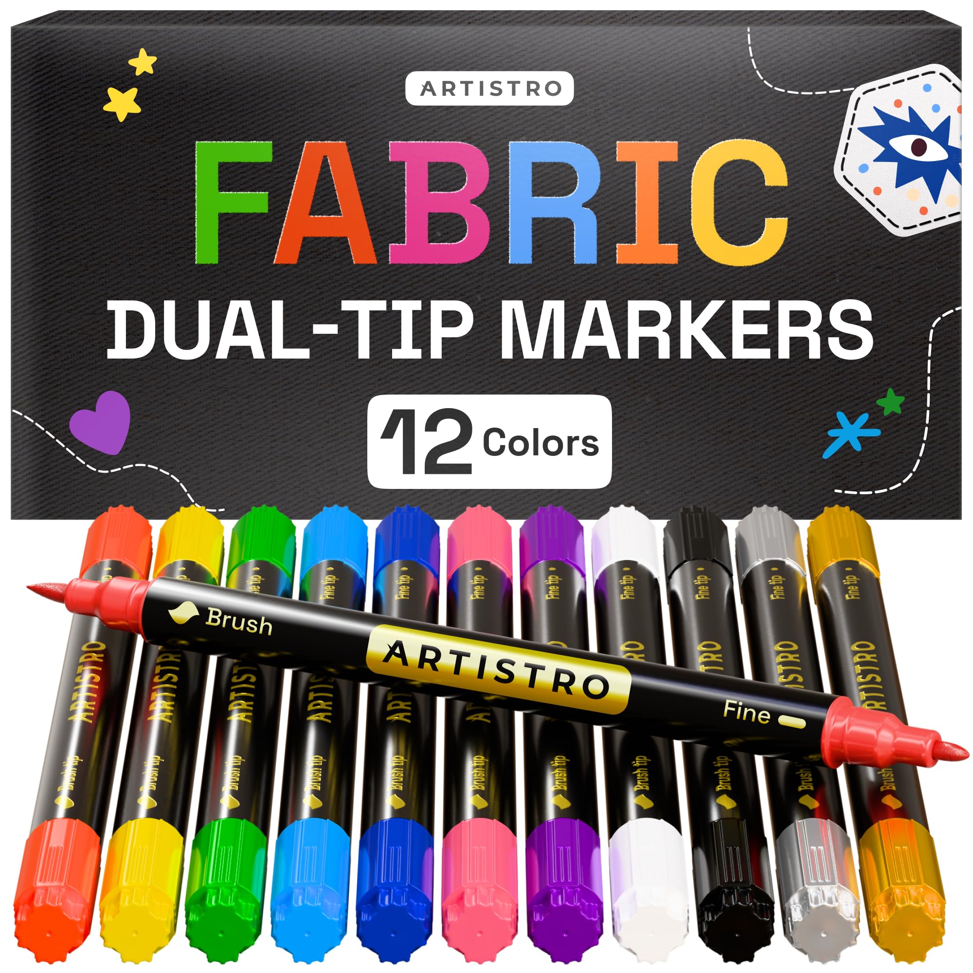 ARTISTRO 12 Dual-Tip Fabric Markers - Fabric Decorating Kit - Permanent for Clothes - Acrylic Paint Pens for Sneakers, Bags, Shoes, Textile, Canvas, Sewing, Craft, DIY - Brush and Fine Tip