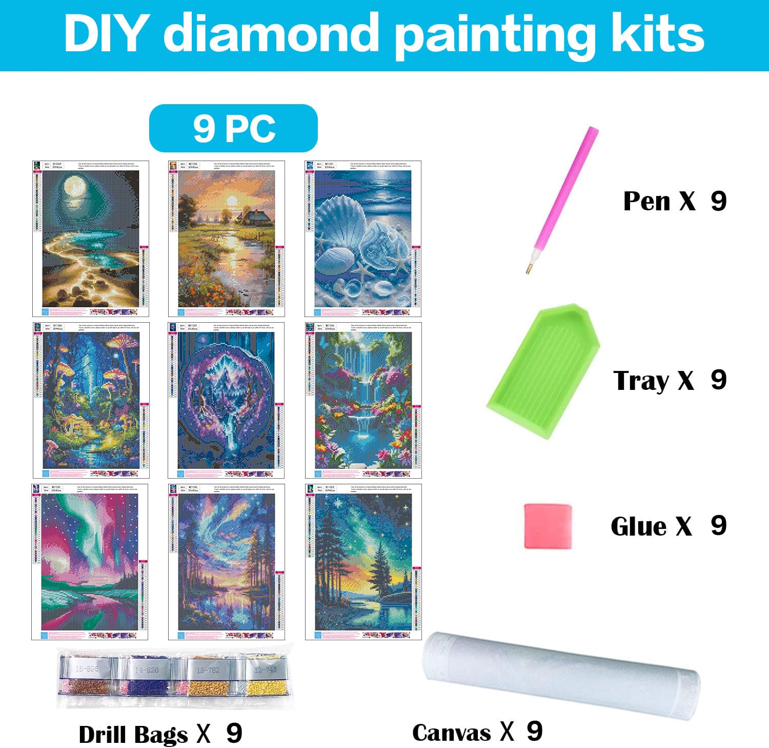 Kits de pintura de diamantes cuadrados, paquete de 9 piezas de arte de