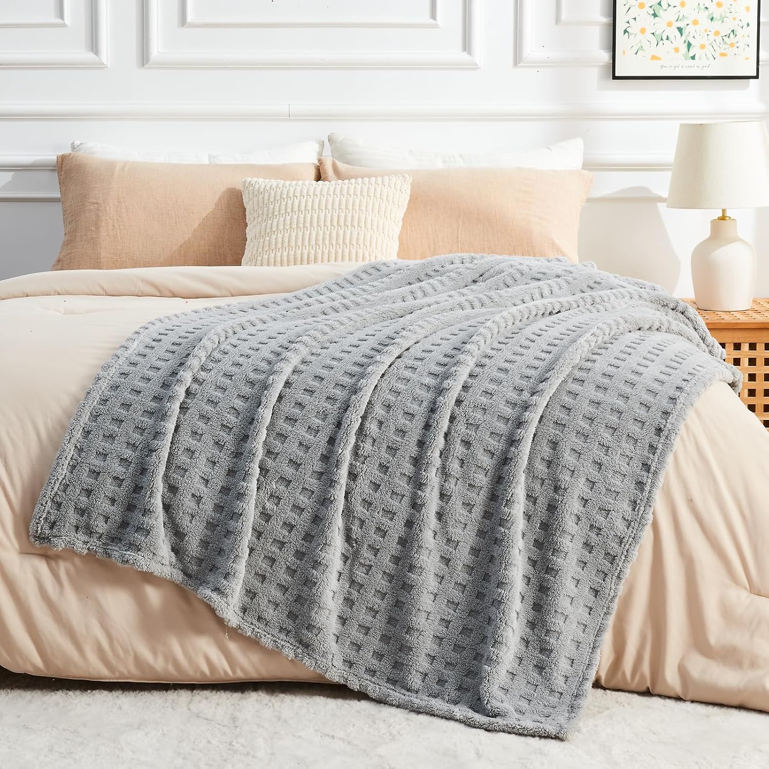 NEWCOSPLAY Super Soft Throw Blanket Grey Premium Silky Flannel Fleece 3D Waffle Checkered Lightweight Bed Blanket All Season Use (Light Grey, Throw(50"x70")) - Image 8