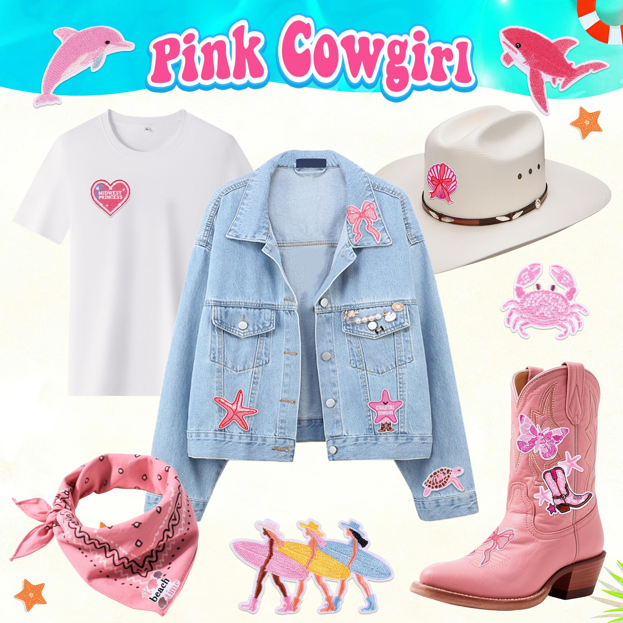 24-Pack Coastal Cowgirl Iron-On Patches - Beach, Ocean & Nautical Embroidered Designs For Hats, Jackets, Bags - View #5