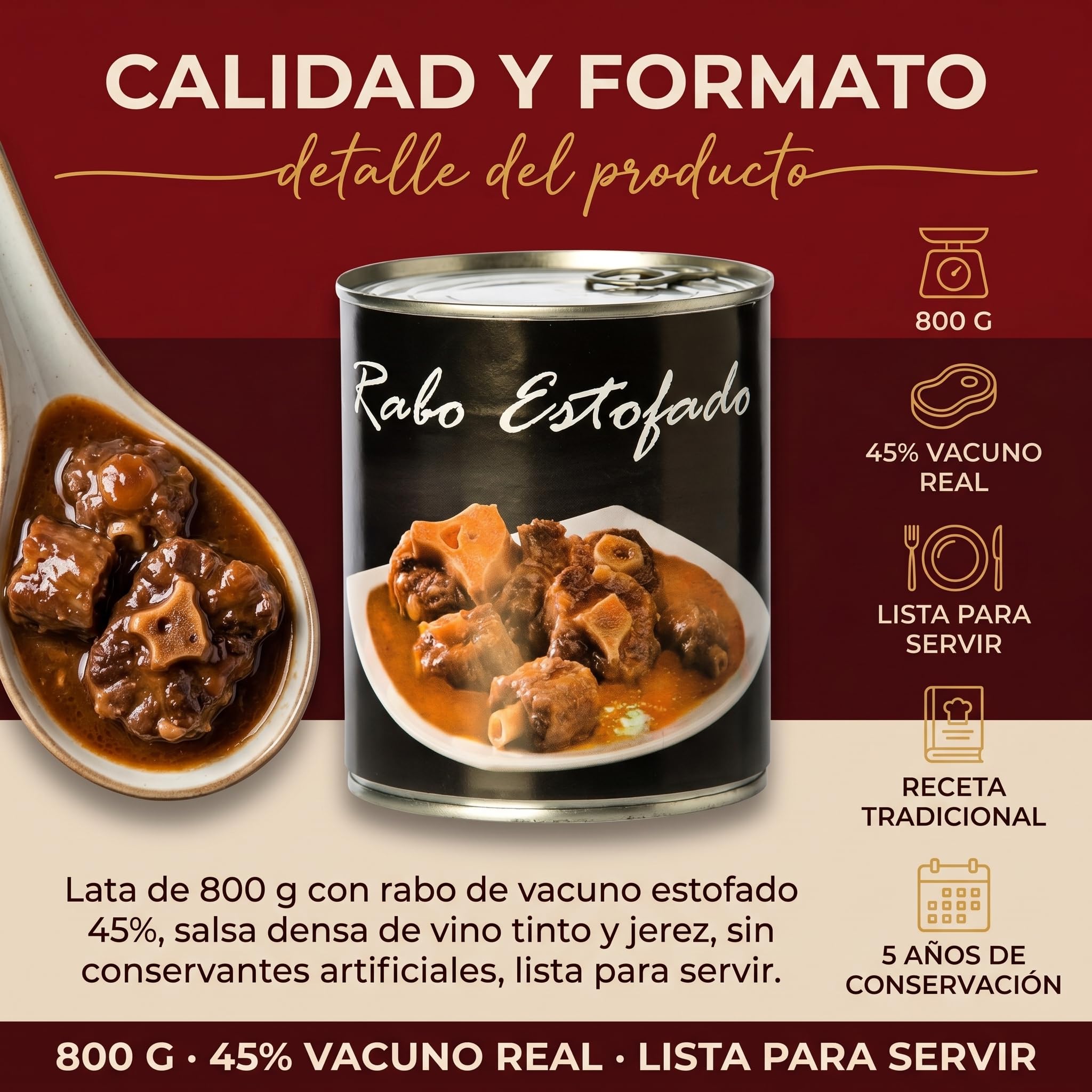 POLGRI Rabo de Vacuno Estofado 800g Receta Manchega Artesana 45% Carne Listo para Calentar Gourmet Español Plato Preparado