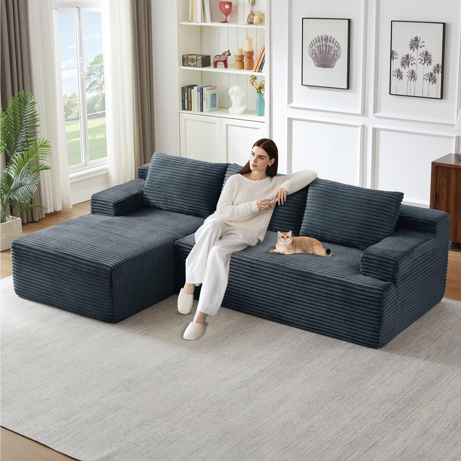 96" Modular Sectional Sofa, Modern Corduroy Cloud Couch, Boneless Couch Upholstered 3-Seater L-Shaped Sofa for Living Room, No Assembly Required (Dark Grey, Left-Facing Chaise)