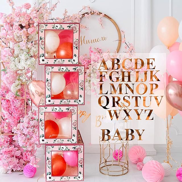 Blue Planet Fancy Dress Baby Shower Decorations Girls 4pcs Balloon Boxes Blocks with 30 Rose Gold Letters A-Z and Baby for Girl Pink Floral Party Birthday Wedding DIY Name Party Supplies Backdrop Box