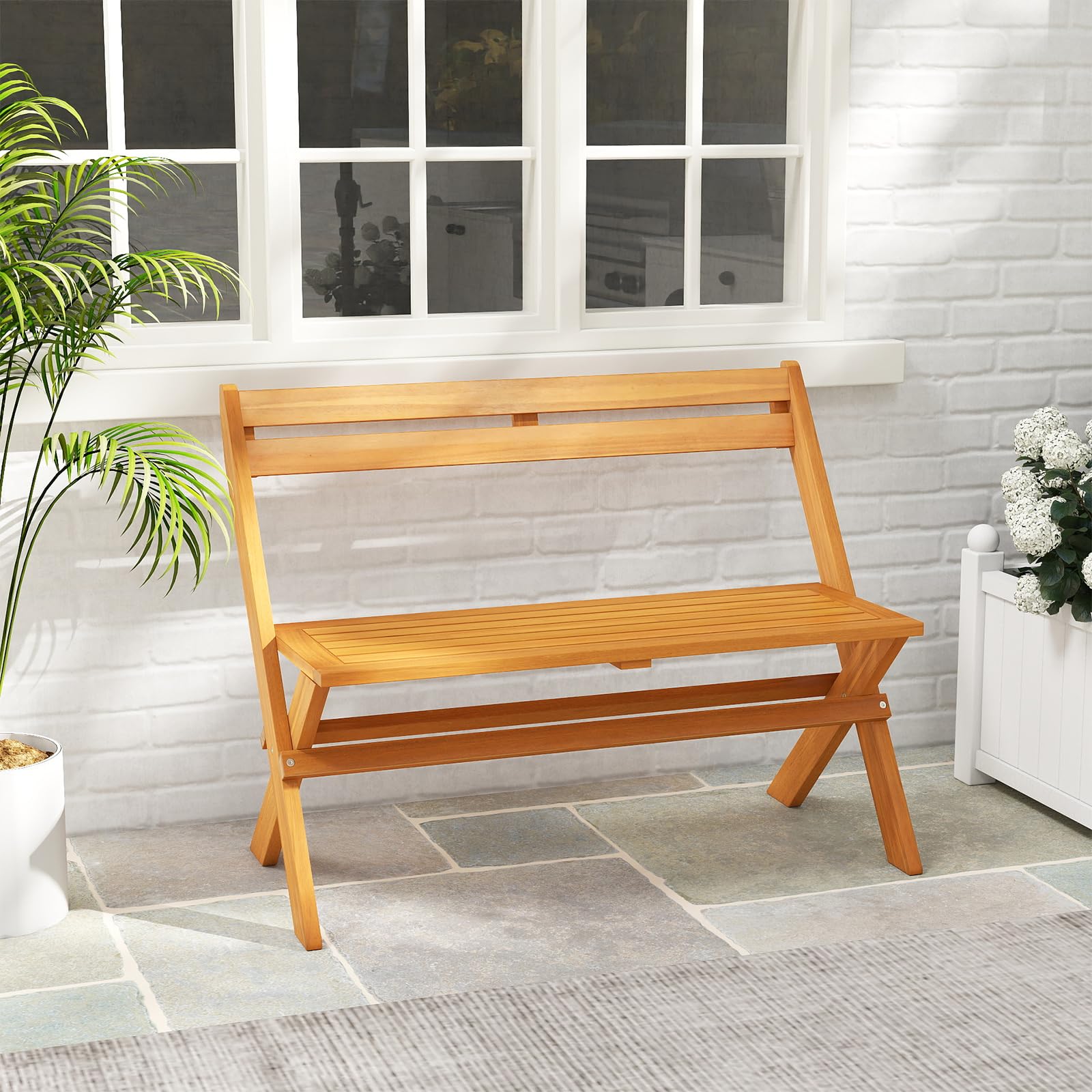 COSTWAY Panchina Pieghevole da Esterno, Panca da Giardino in Legno di Acacia per 2 Persone con Capacità di 360 kg, Panca da Esterno per Veranda, Balcone, Cortile e Parco