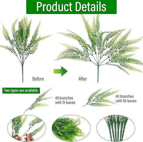 Miniatura 3 de Geosar Paquete de 80 plantas artificiales de helecho Boston de 17.52 pulgadas, arbustos de plástico que no se decoloran, plantas falsas, arbustos