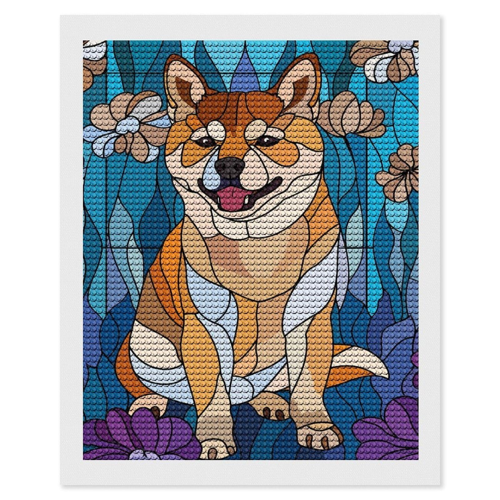 Junmoney Stained Glass Shiba Inu Dog Diamond Painting Set 16"x20", Arts and Crafts, Wall Art Gift, Full Kit Included, Relaxing Handmade Project