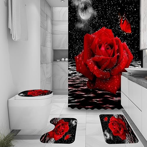 Miniatura 3 de ALEXEX Juego de 4 cortinas de ducha con rosas rojas, juego de baño de cielo negro con cortina de ducha y alfombras y accesorios, cortina de ducha