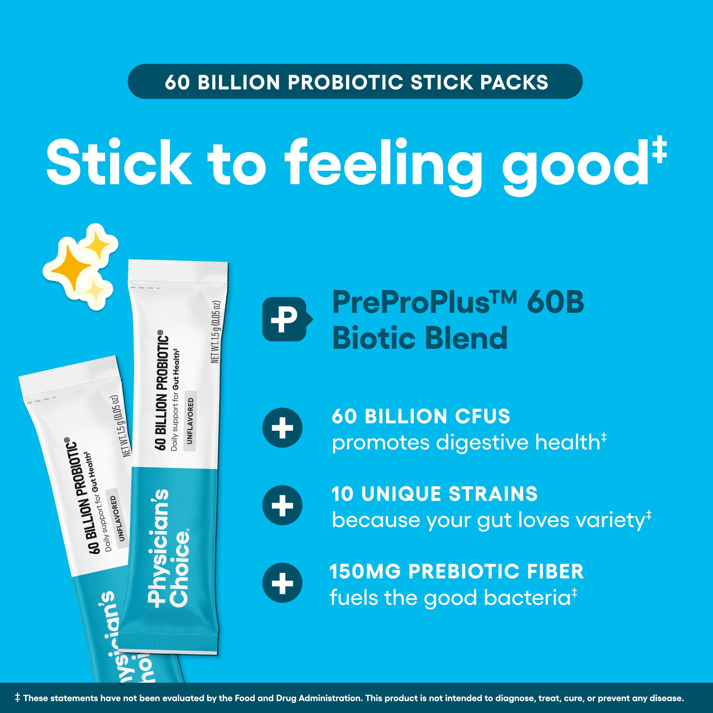 Physician’s Choice 60 Billion CFU Probiotic Stick Packs - 10 Strains + Prebiotics - Immune, Digestive & Gut Health - Supports Occasional Constipation, Diarrhea, Gas & Bloating - for Women & Men - 24CT — Amazon image 4