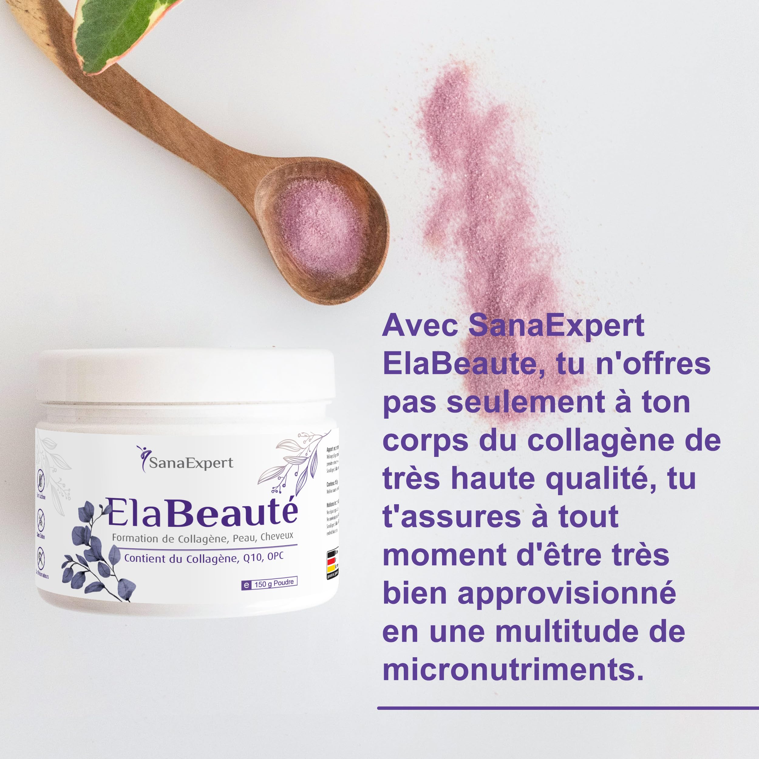 SanaExpert ElaBeauté | Collagène pour la Beauté de la Peau avec Q10, OPC, Biotine, Zinc et Vitamines | 150 Grammes | Ingrédients 100% Naturels | Fabriqué en Allemagne