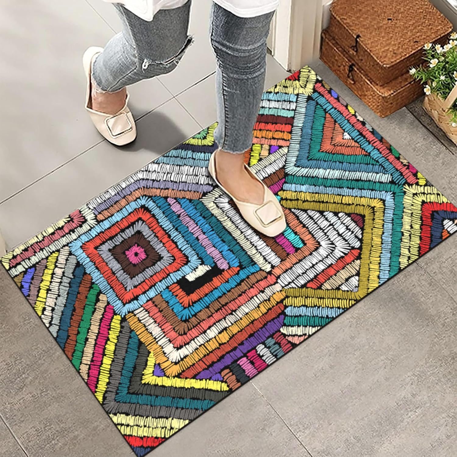 Monnhein Kapı Önü Paspası - Modern ve Şık Kapı Paspası | Ev, Ofis ve Dış Mekân Kullanımı İçin (Renkli Geometrik Desen) 45x65