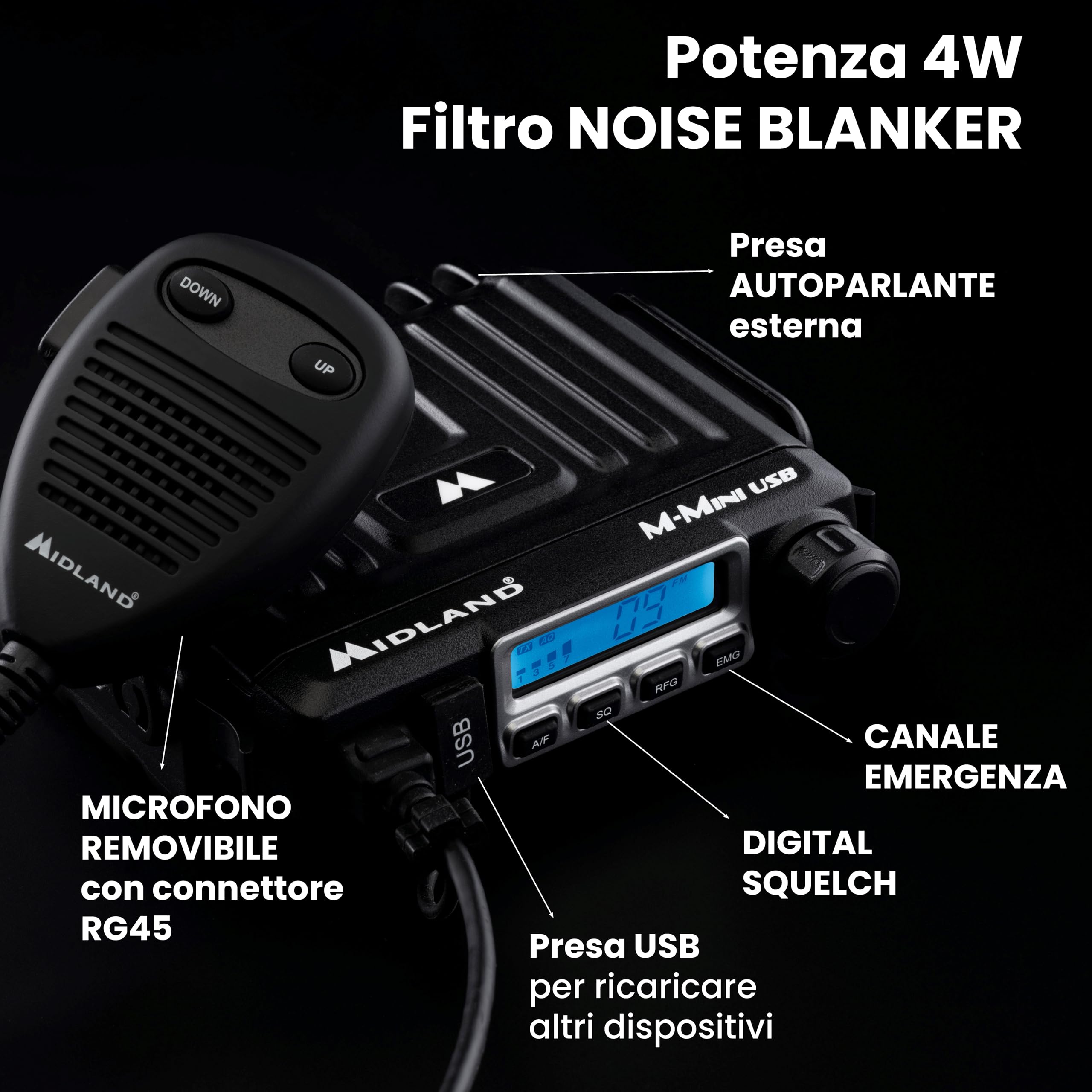 Midland - Radio CB M-MINI USB Senza Licenza, Multi Banda EU, 40 Canali AM/FM, Ricetrasmittenti Professionali Display LCD con S-Meter, 2 Modalità Squelch, Ricarica Rapida Presa USB Altoparlante Esterno