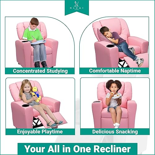 Miniatura 4 de Naomi Home Suri - Silla reclinable para niños con reposapiés y portavasos, sillón reclinable para niños con soporte para tazas, reclinables de PVC
