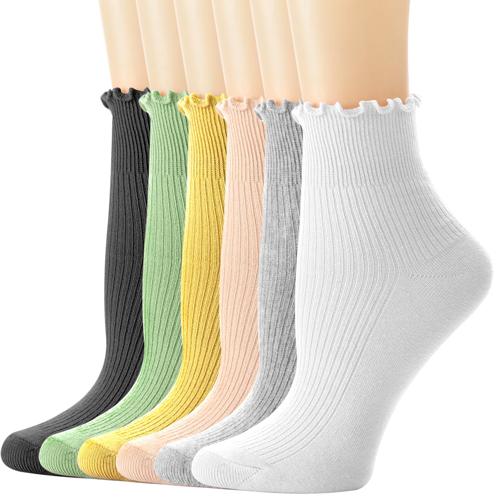 DRESHOW Women Ruffle Frilly Socks Casual Ankle Socks Breathable Cotton Crew Knit Socks for Women 6 Pack