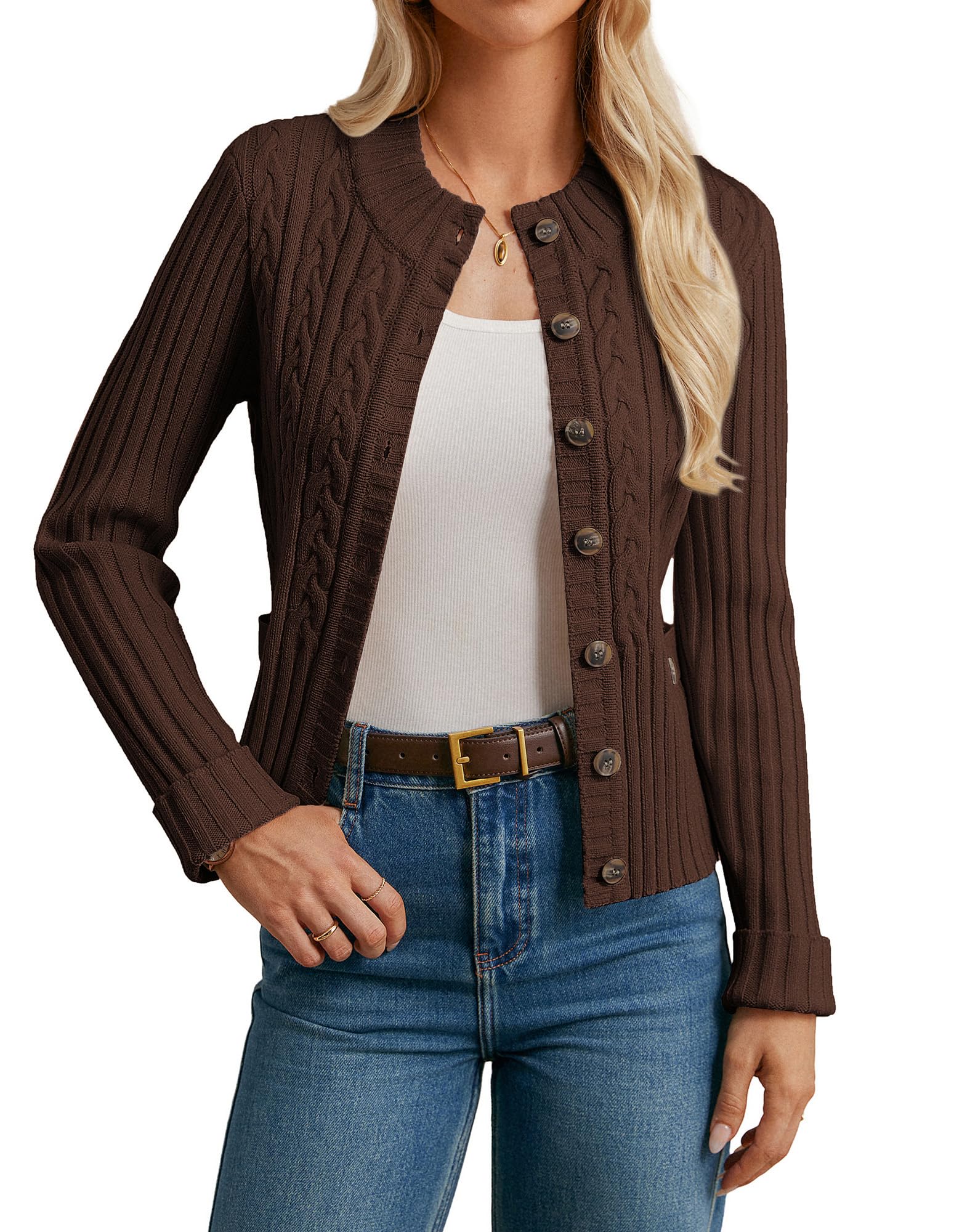 GRACE KARIN Women Button Up Cable Knit Sweater Cropped Cardigan Sweaters Chunky Winter Clothing 2025