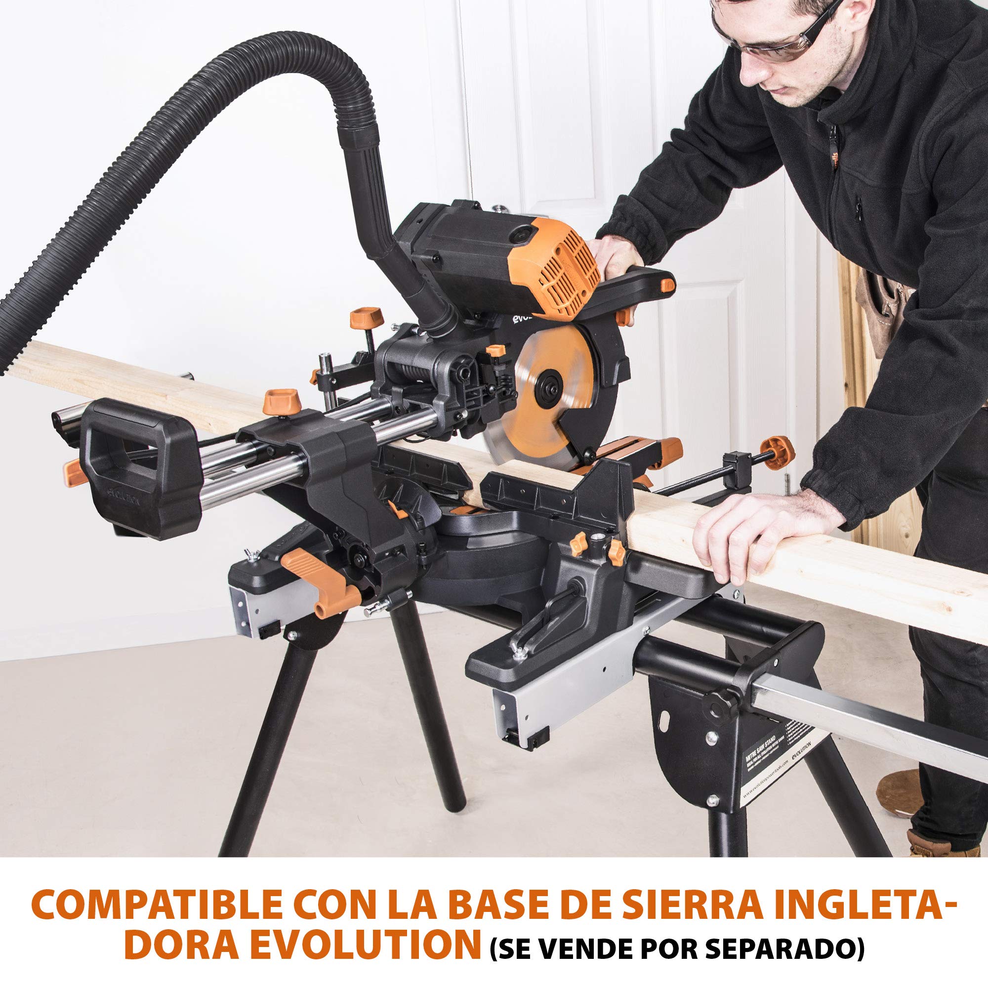 Evolution Power Tools R255SMS-DB ingletadora, Sierra ingletadora deslizante multimaterial de 255 mm, con doble bisel y paquete plus, hasta 300 mm x 90 mm, 5° a izquierda y derecha, inglete de 50°